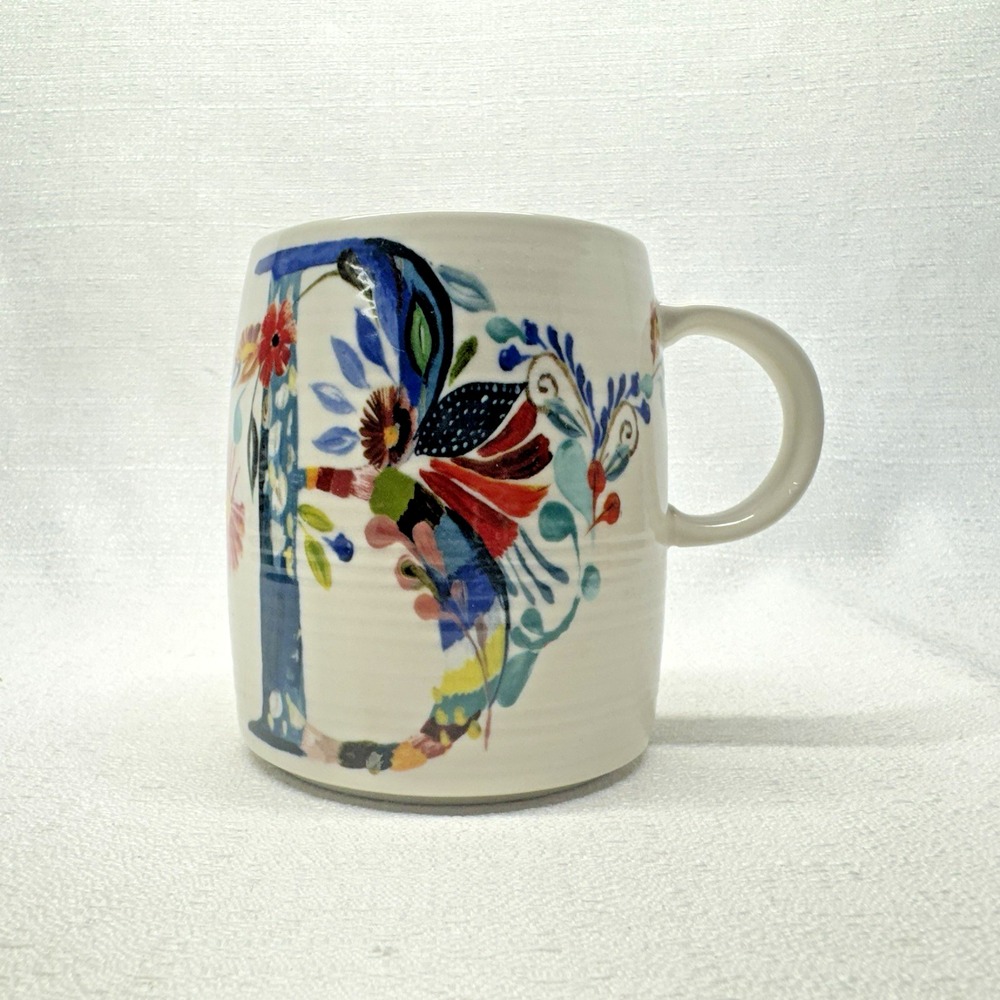 Anthro Starla M Halfmann Mug Letter D White Floral‎ Whimsical Boho Artistic